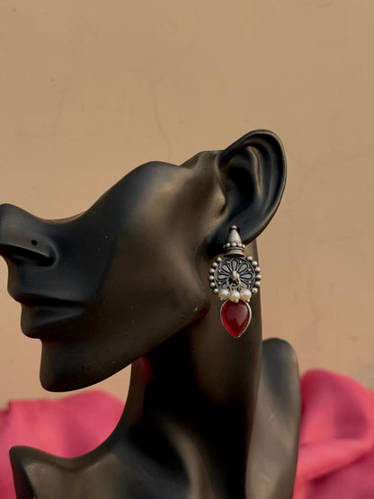 Silver Replica Silk Stone Embedded Earrings with Dangling Pearls