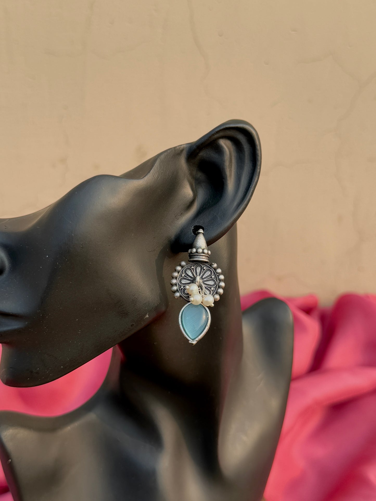 Silver Replica Silk Stone Embedded Earrings with Dangling Pearls