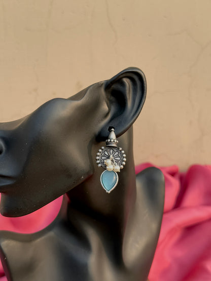 Silver Replica Silk Stone Embedded Earrings with Dangling Pearls