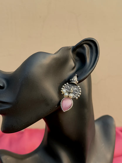 Silver Replica Silk Stone Embedded Earrings with Dangling Pearls