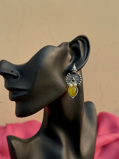 Silver Replica Silk Stone Embedded Earrings with Dangling Pearls