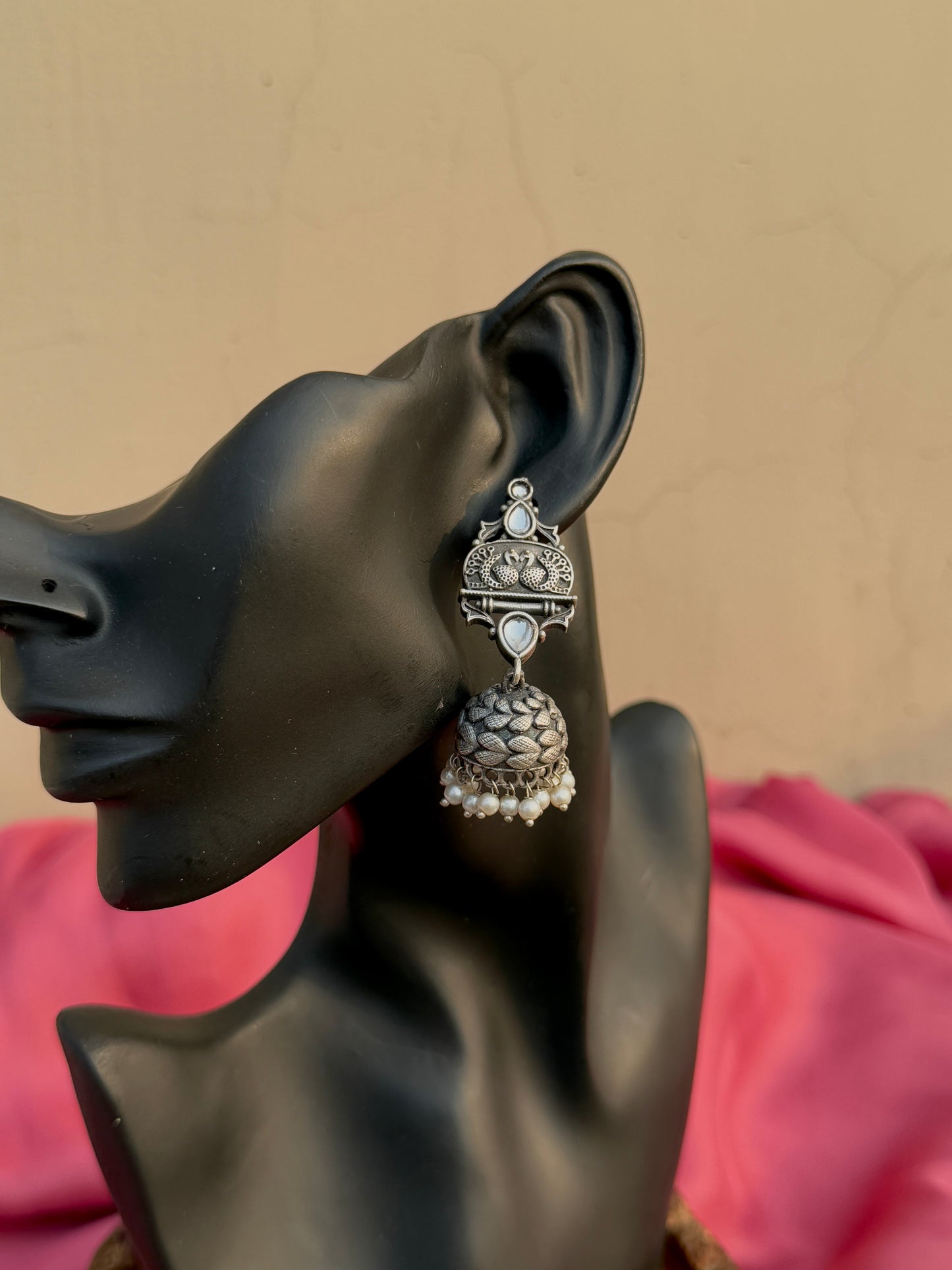 Silver Replica Peacock Engraved Jhumka