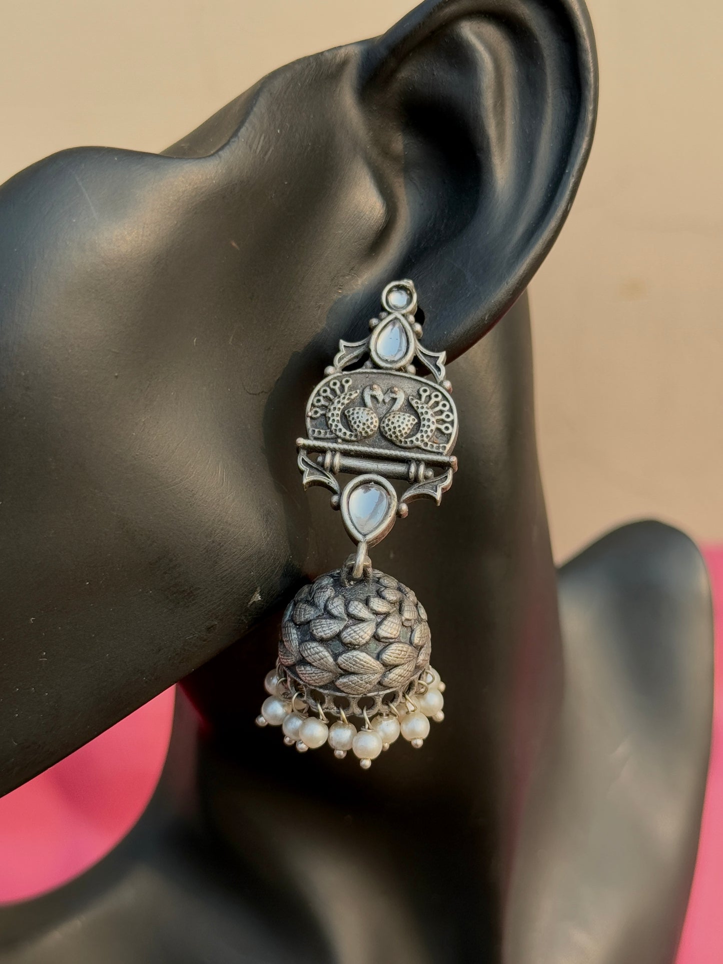 Silver Replica Peacock Engraved Jhumka