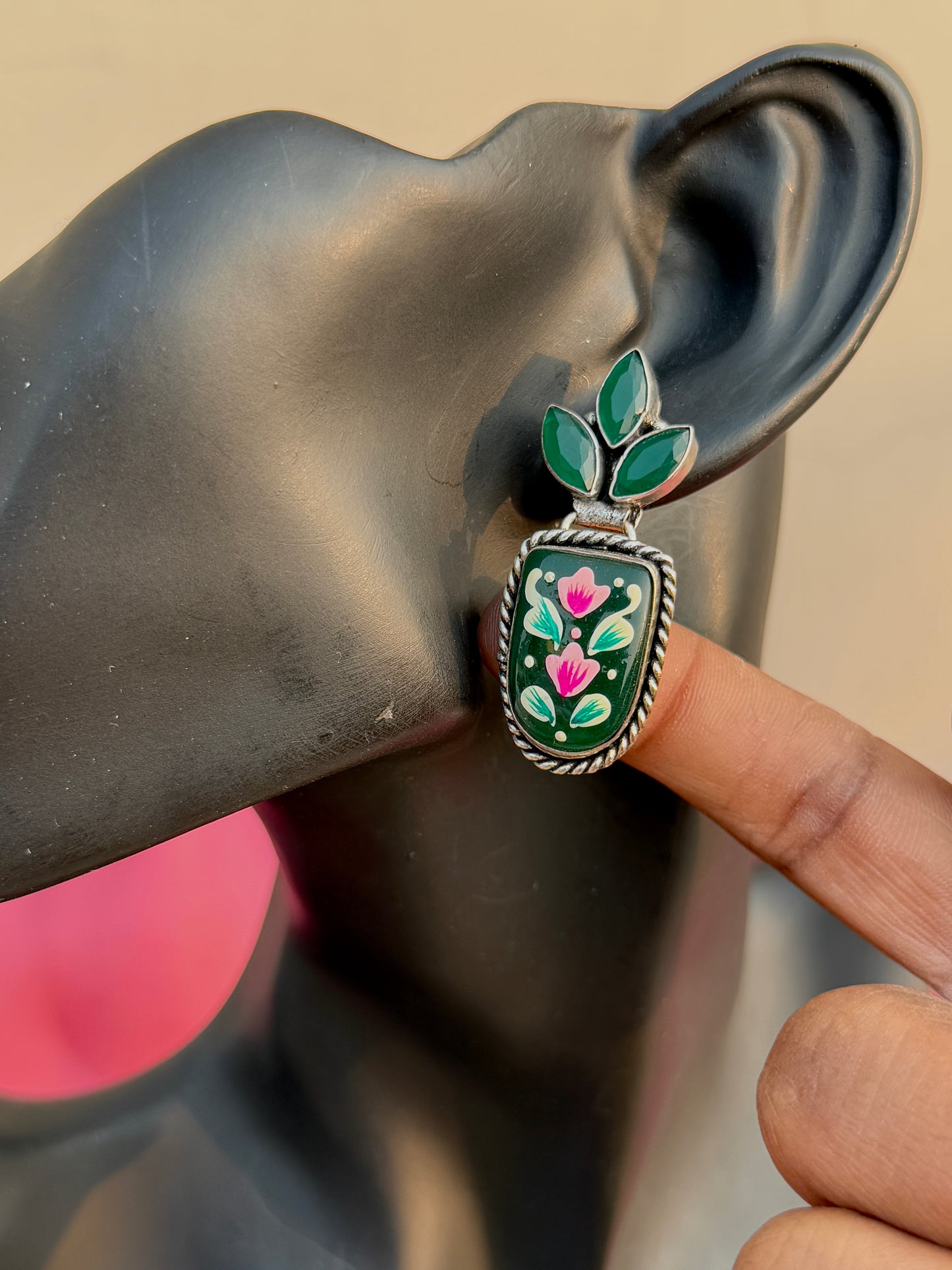 Green Hand-Painted Earrings