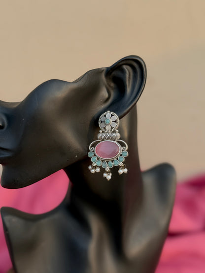 Silver Replica Silk Stone Embedded Earrings with Pearls