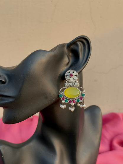 Silver Replica Silk Stone Embedded Earrings with Pearls