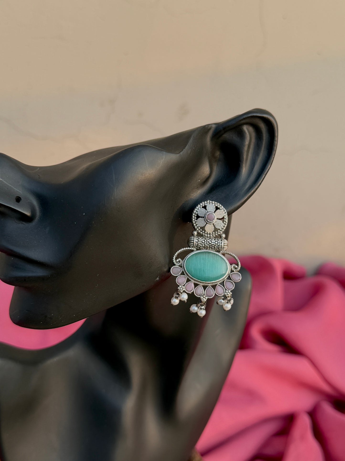 Silver Replica Silk Stone Embedded Earrings with Pearls