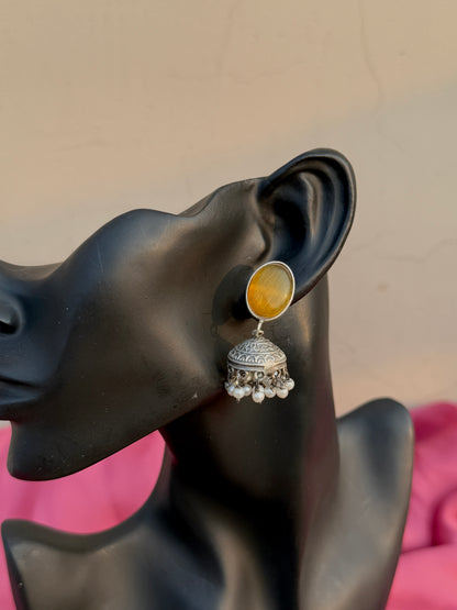 Silver Replica Silk Stone Embedded Jhumkas