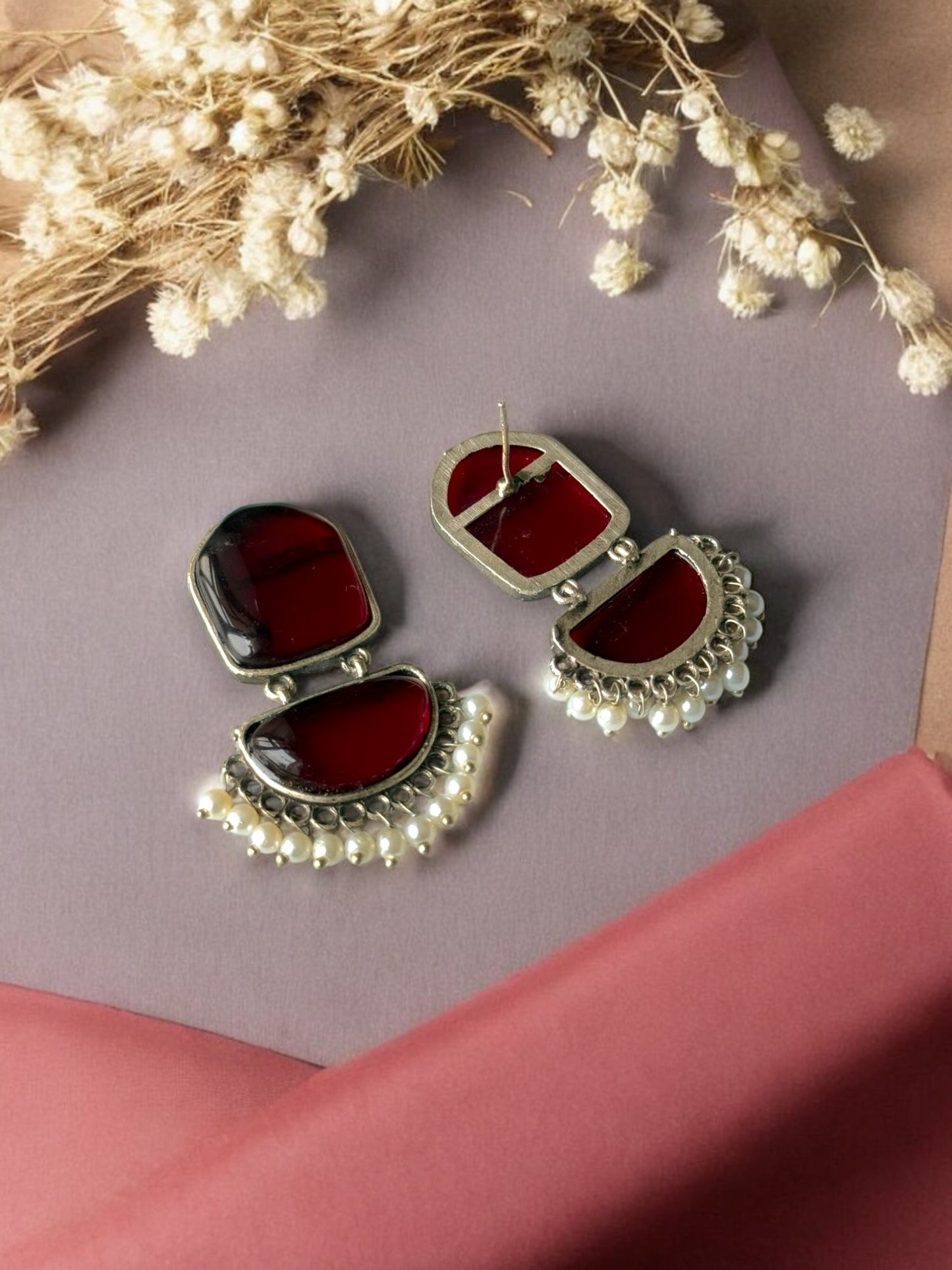 Twin Silk Stone Earrings with Dangling Pearls
