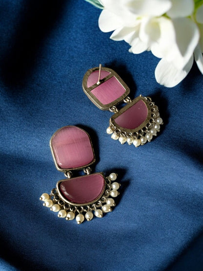 Twin Silk Stone Earrings with Dangling Pearls