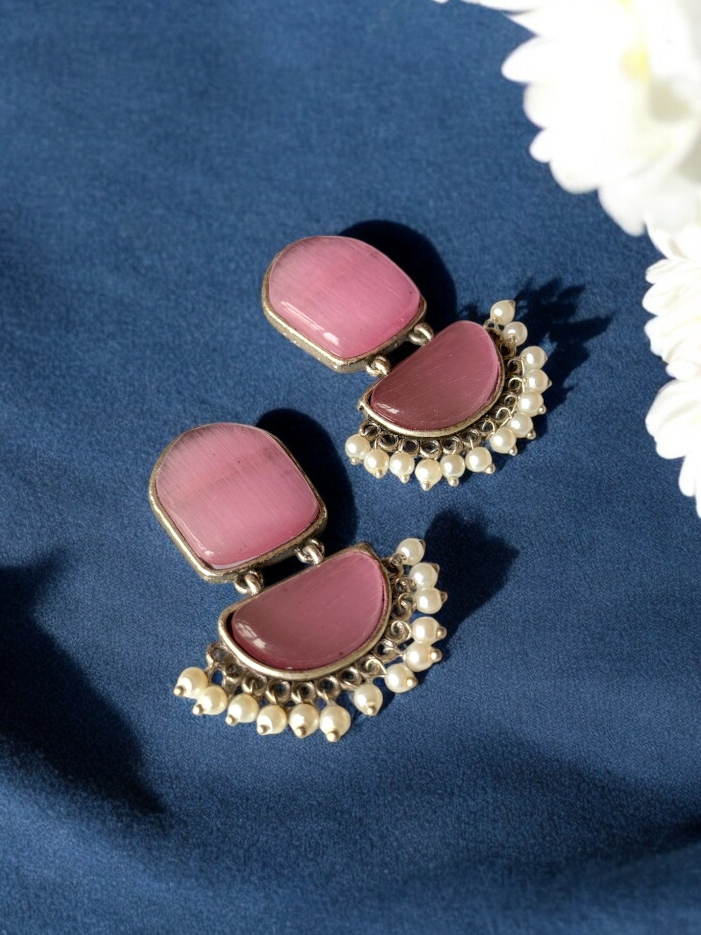 Twin Silk Stone Earrings with Dangling Pearls