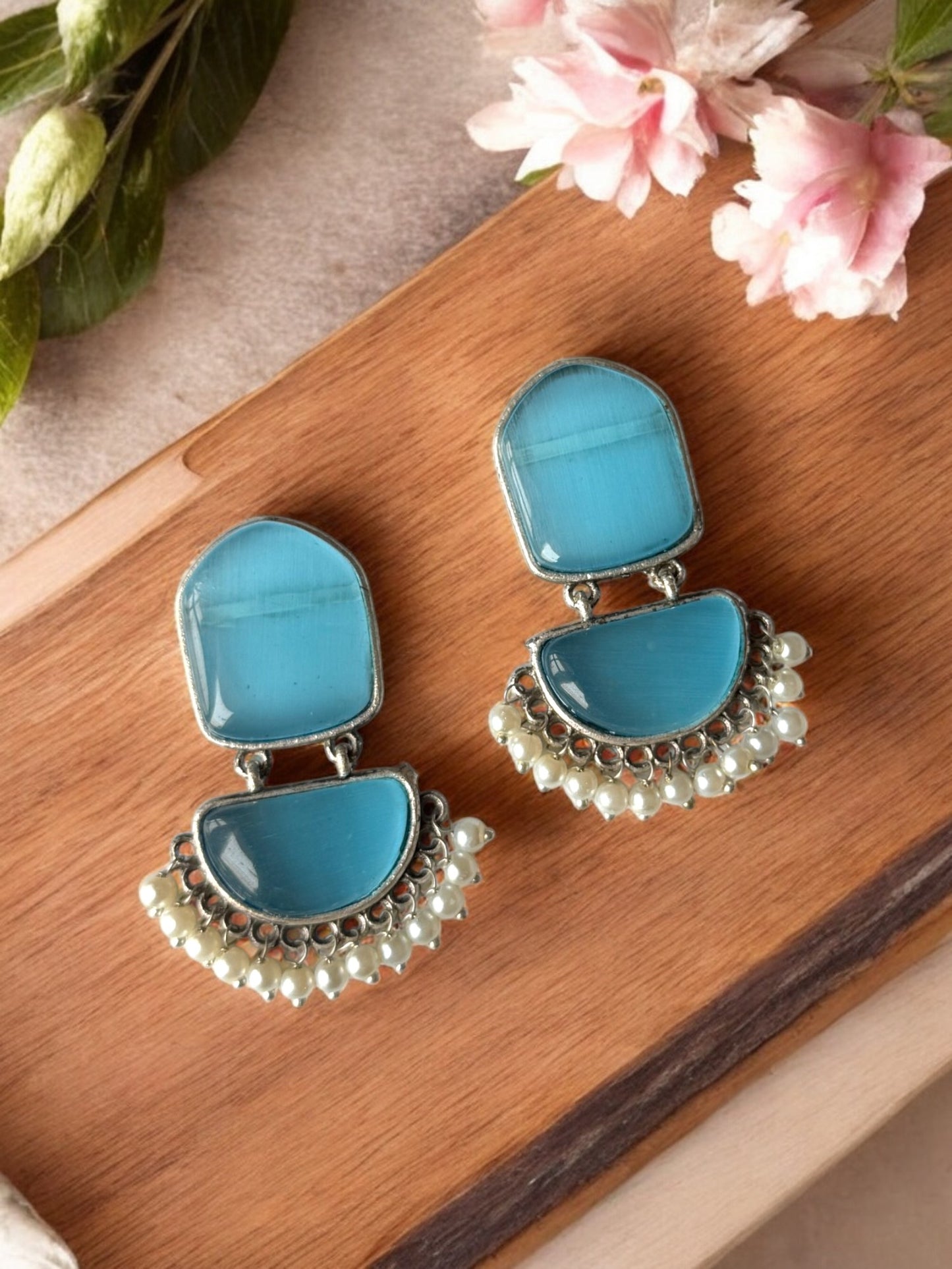 Twin Silk Stone Earrings with Dangling Pearls