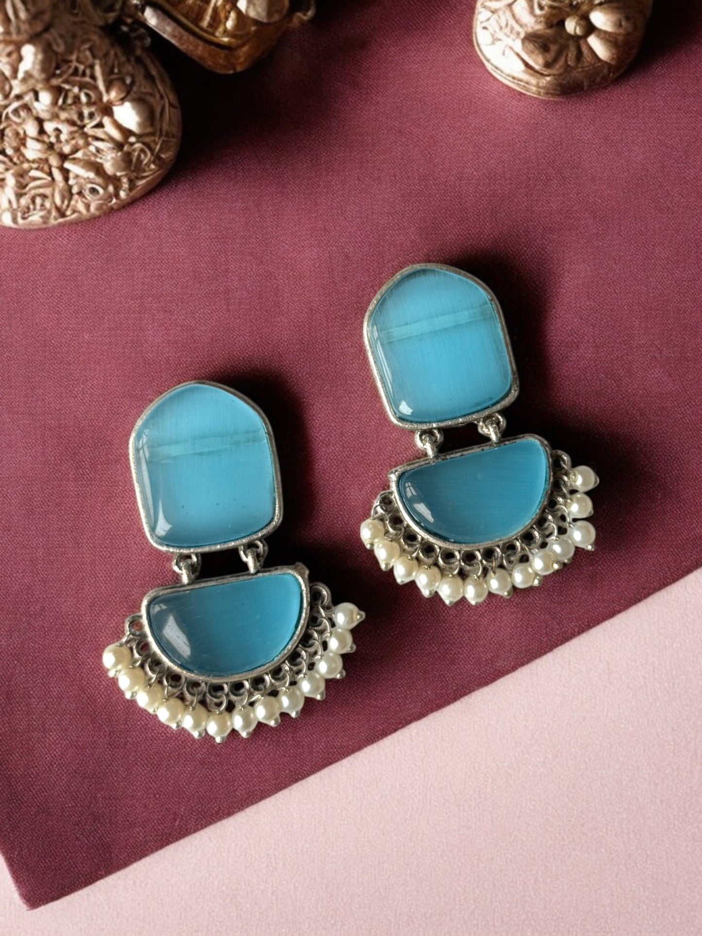 Twin Silk Stone Earrings with Dangling Pearls
