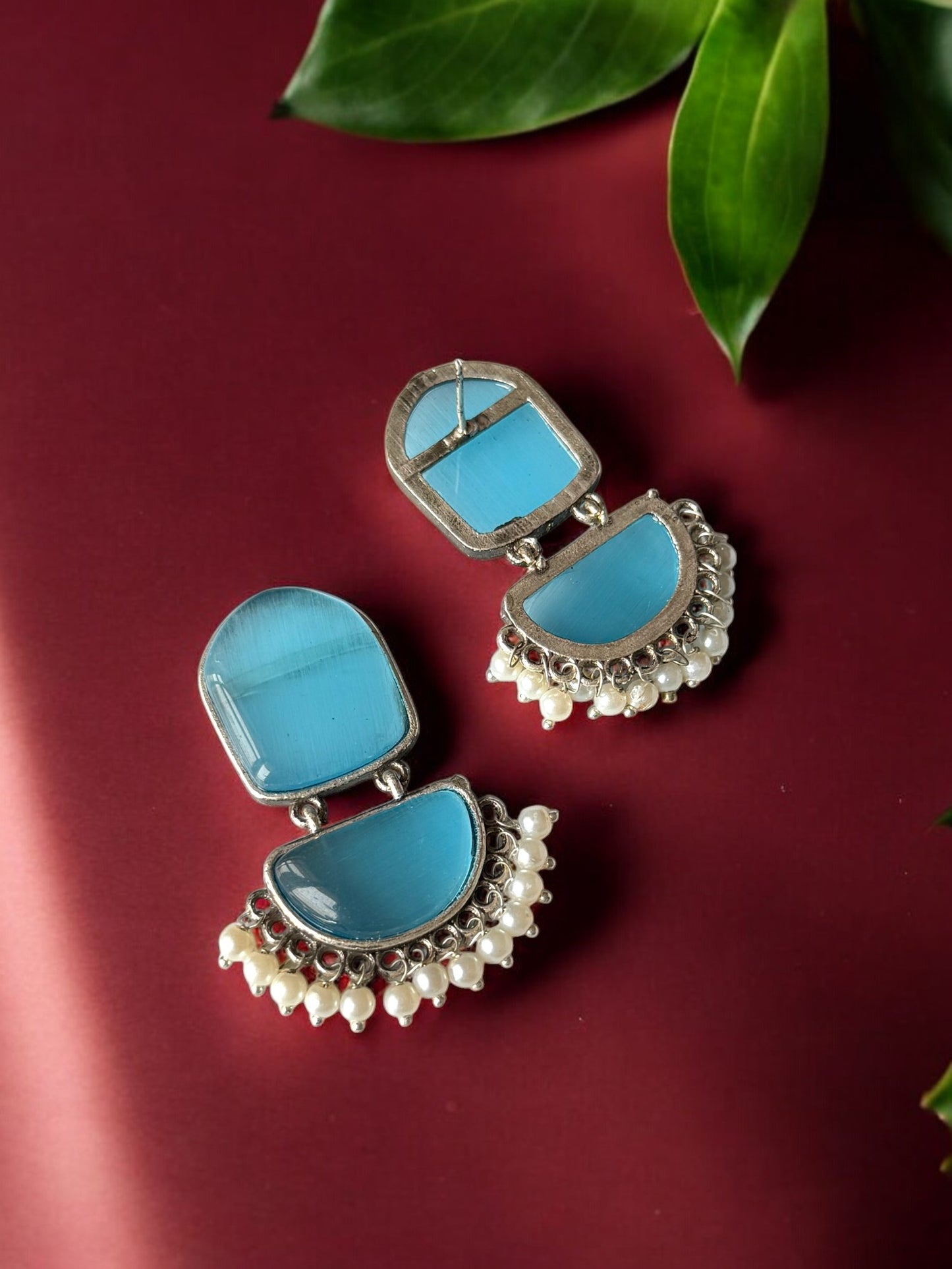 Twin Silk Stone Earrings with Dangling Pearls