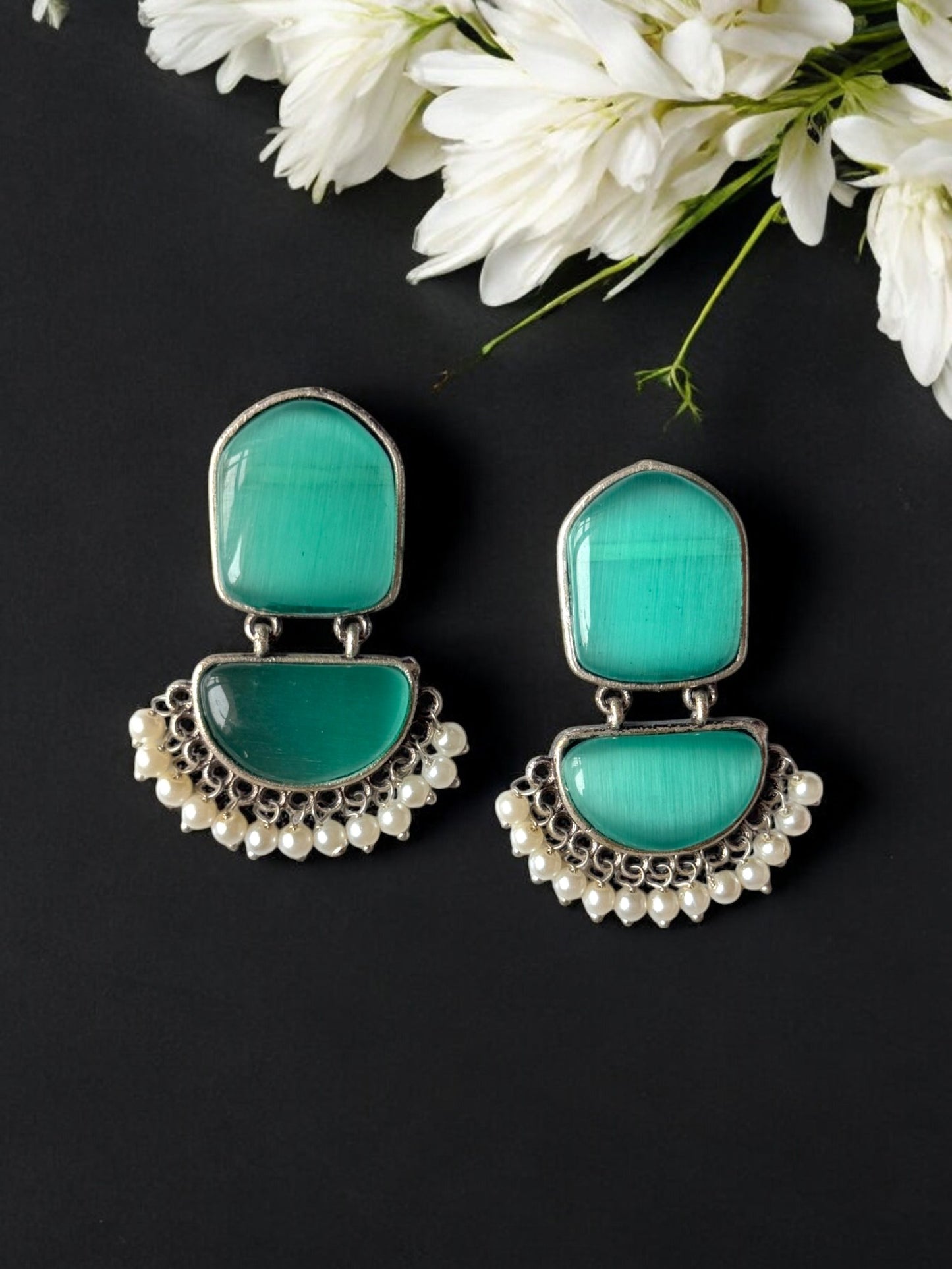 Twin Silk Stone Earrings with Dangling Pearls
