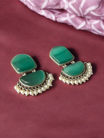 Twin Silk Stone Earrings with Dangling Pearls