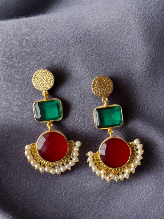 Gold Replica Green & Red Silk Stone Earrings with Dangling Pearls