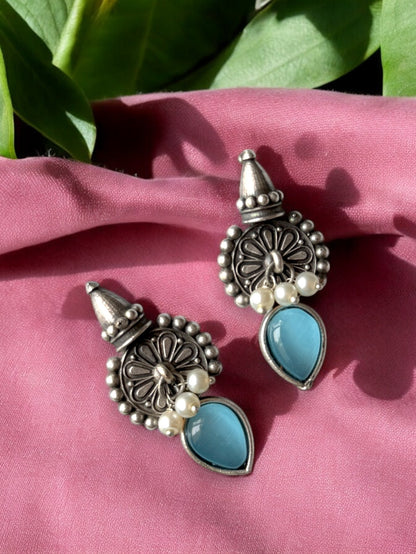 Silver Replica Silk Stone Embedded Earrings with Dangling Pearls