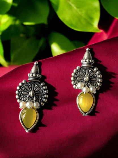 Silver Replica Silk Stone Embedded Earrings with Dangling Pearls