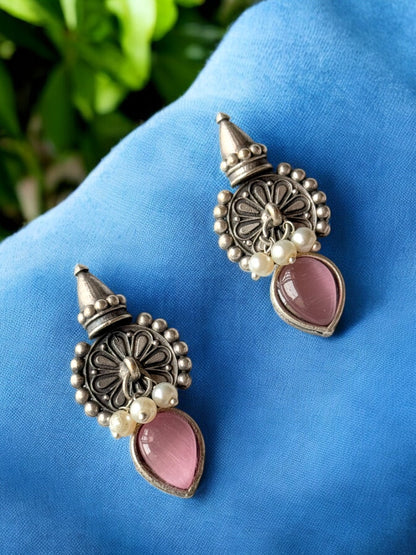 Silver Replica Silk Stone Embedded Earrings with Dangling Pearls