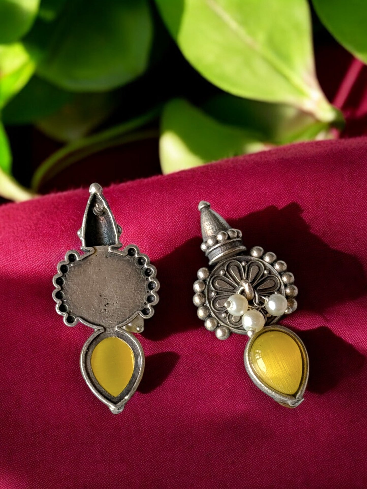 Silver Replica Silk Stone Embedded Earrings with Dangling Pearls