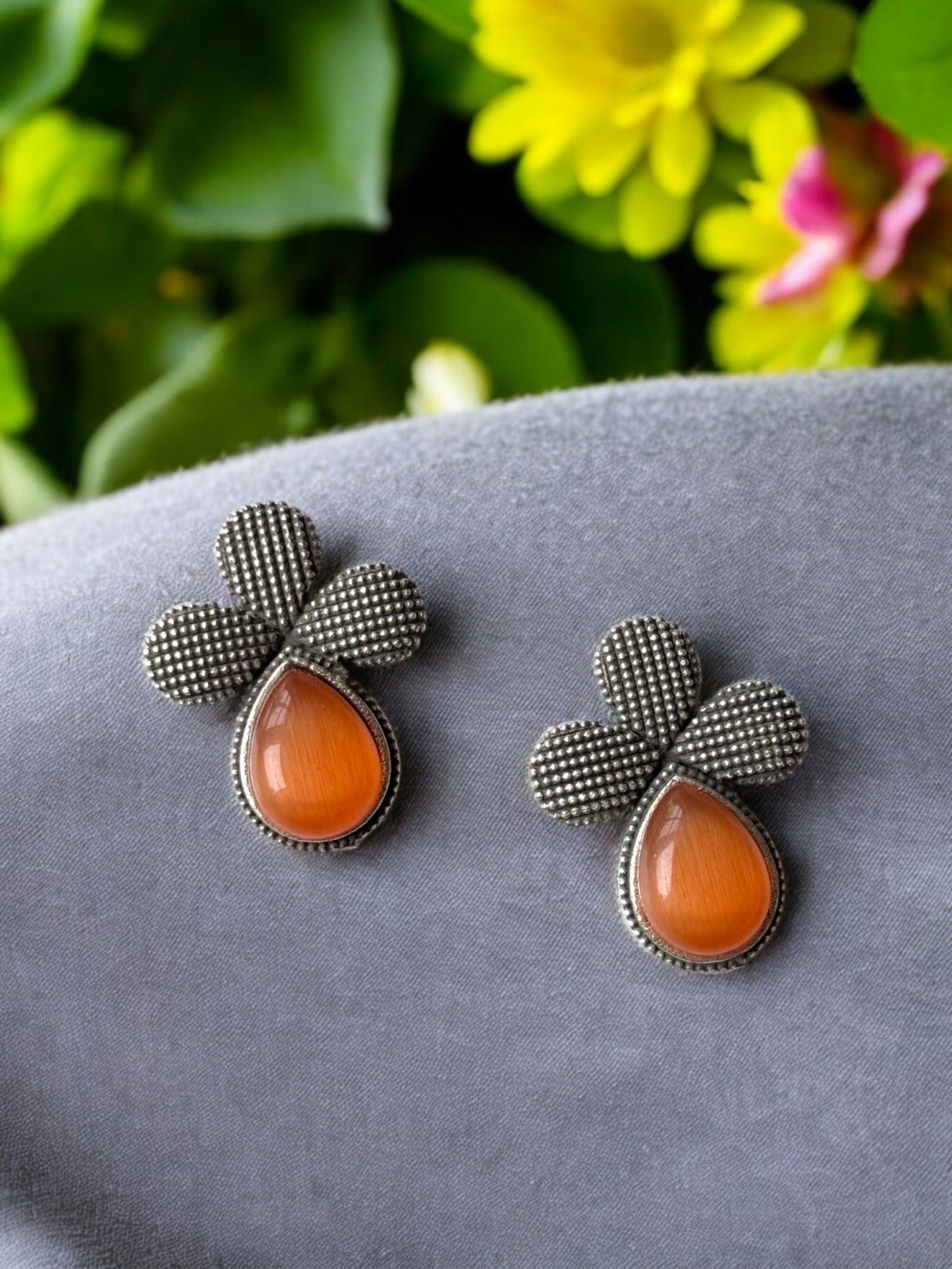 German Silver Flower Embedded Monalisa Stone Stud Earrings