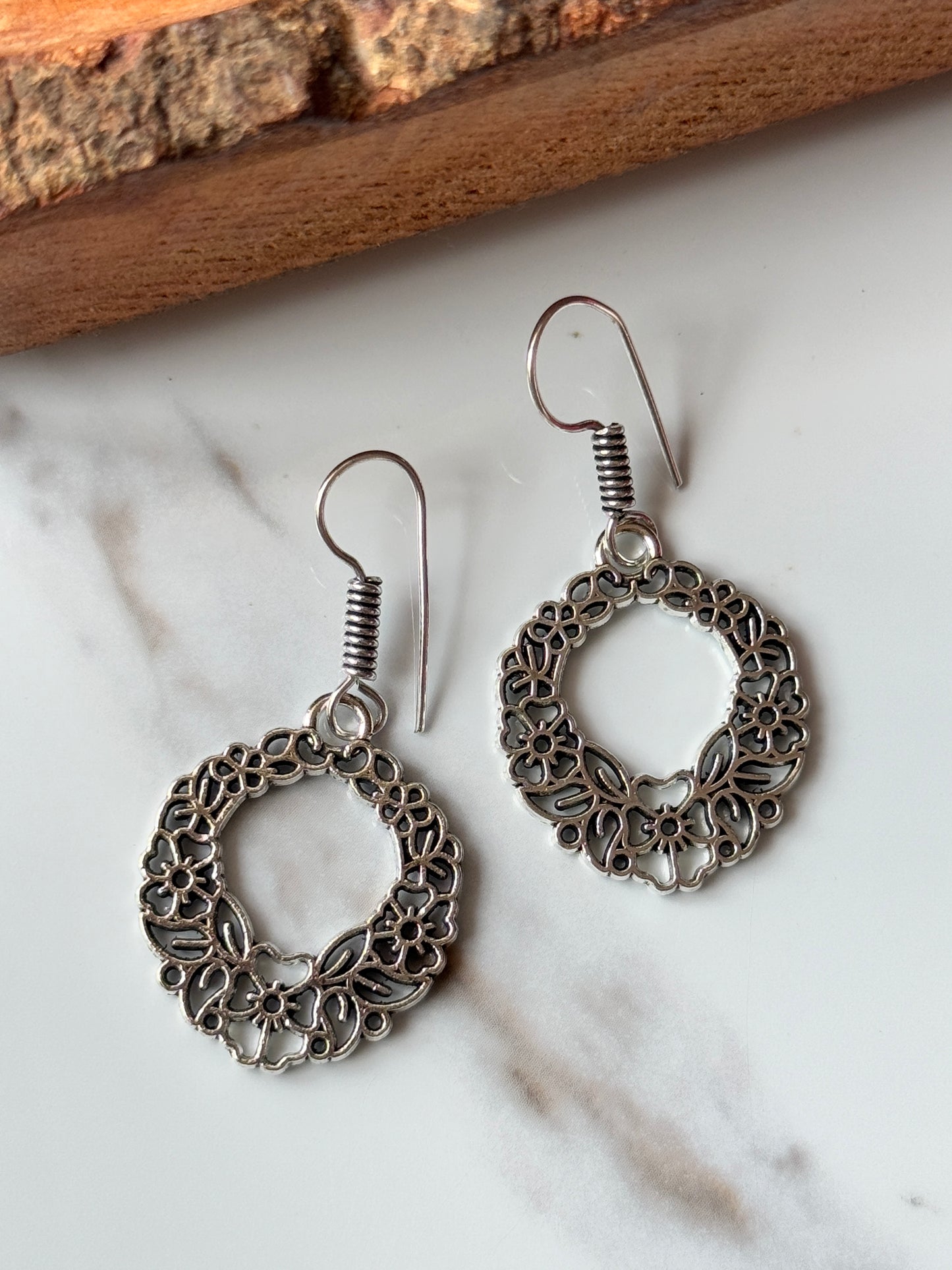 Sterling Silver Floral Hoop Drop Earrings | 925 Sterling Silver