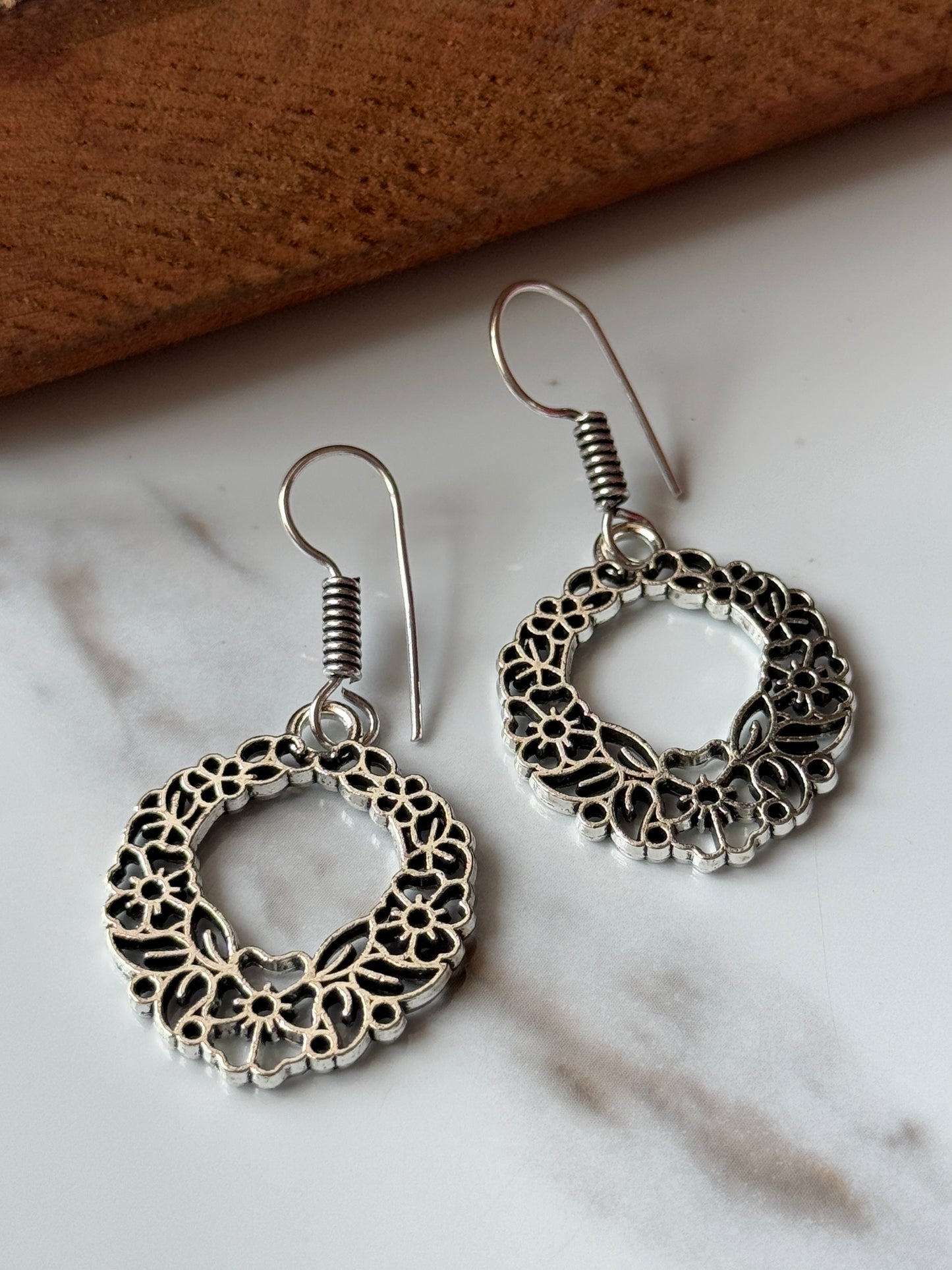 Sterling Silver Floral Hoop Drop Earrings | 925 Sterling Silver