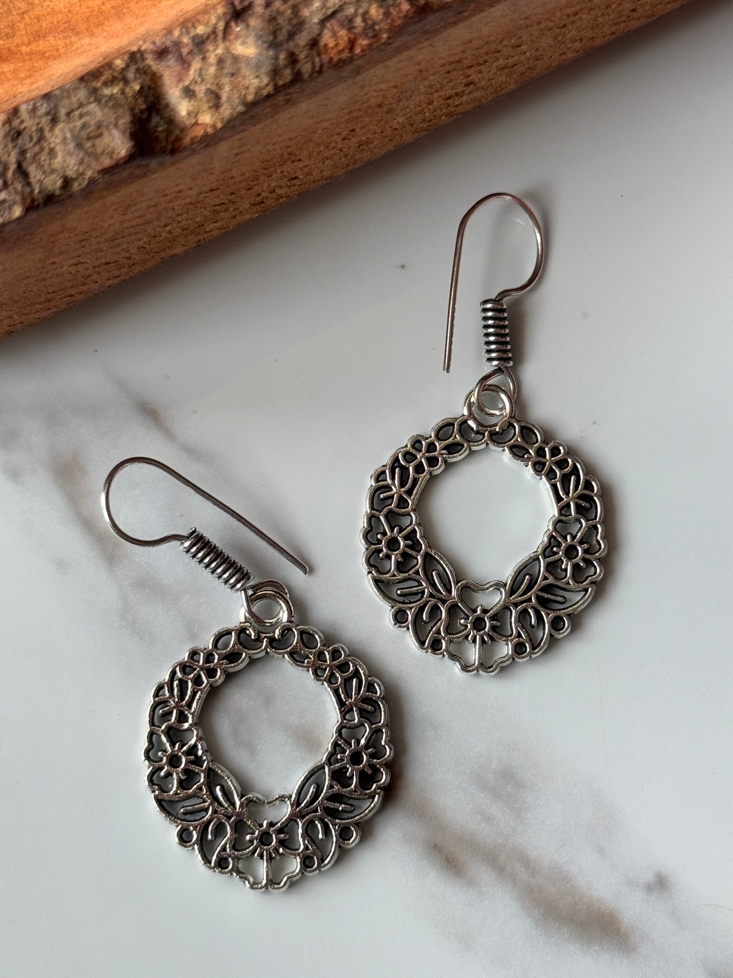 Sterling Silver Floral Hoop Drop Earrings | 925 Sterling Silver