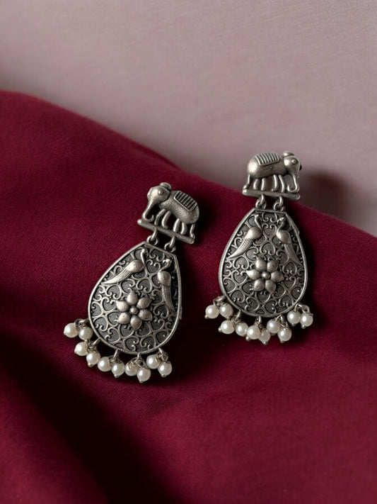 Silver Replica Elephant Engraved Earrings with Dangling Pearls