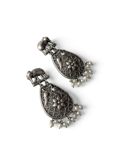 Silver Replica Elephant Engraved Earrings with Dangling Pearls