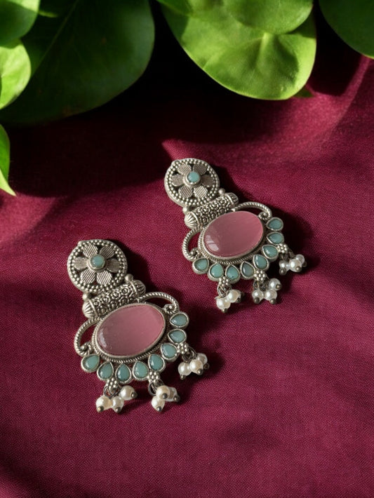 Silver Replica Silk Stone Embedded Earrings with Pearls