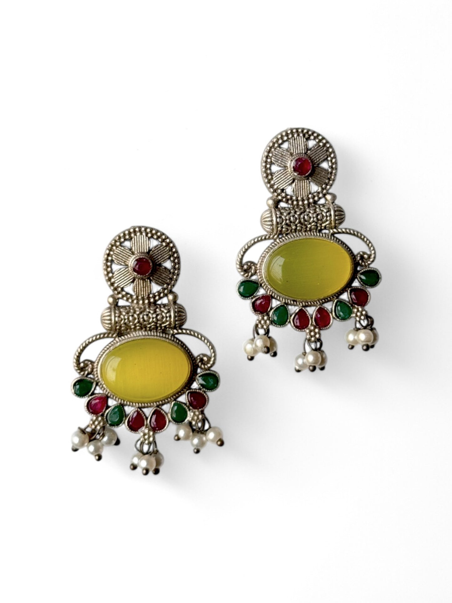 Silver Replica Silk Stone Embedded Earrings with Pearls