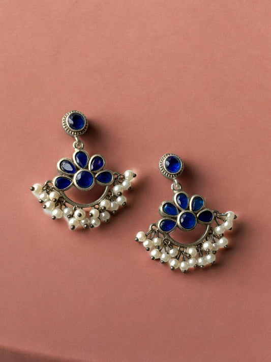 Silver Replica Navy Blue Pearl Dangling Earrings