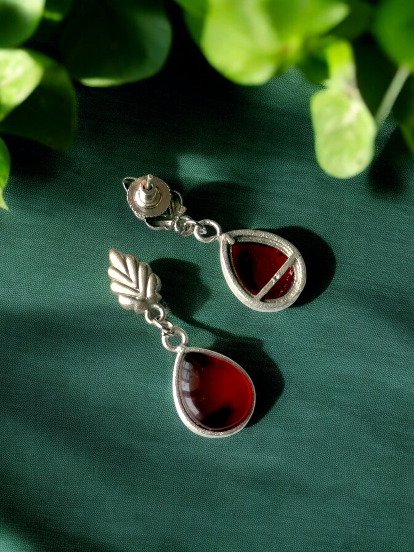 Silver Replica Leaf Drop Monalisa Stone Earrings