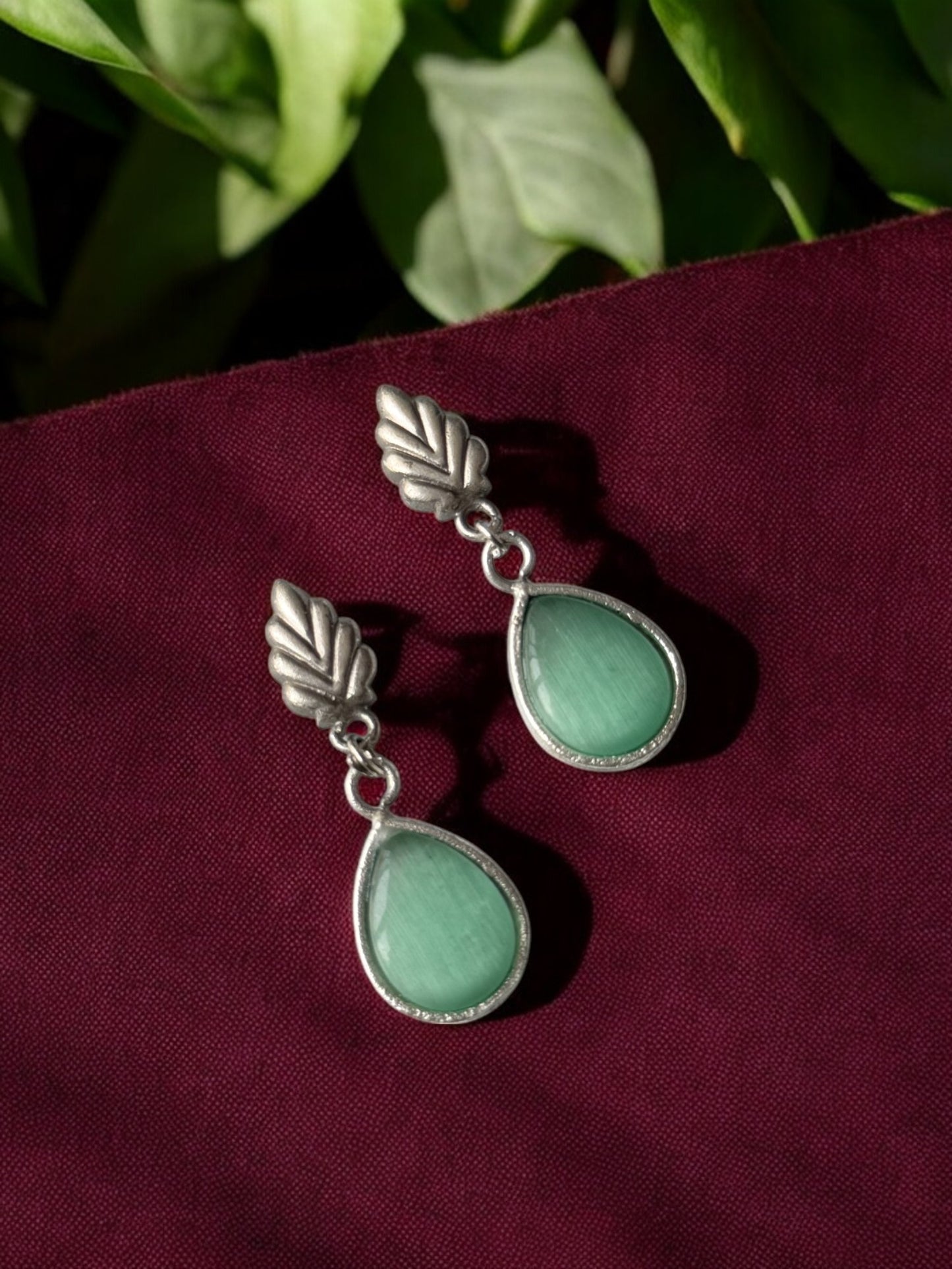 Silver Replica Leaf Drop Monalisa Stone Earrings