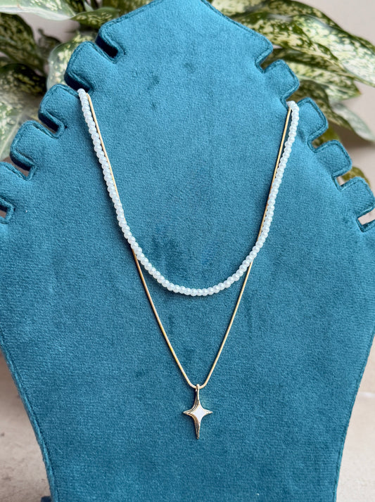 Pearl Two-Layered Chain Statement Classic Necklace with Star Pendant