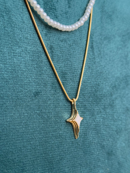 Pearl Two-Layered Chain Statement Classic Necklace with Star Pendant