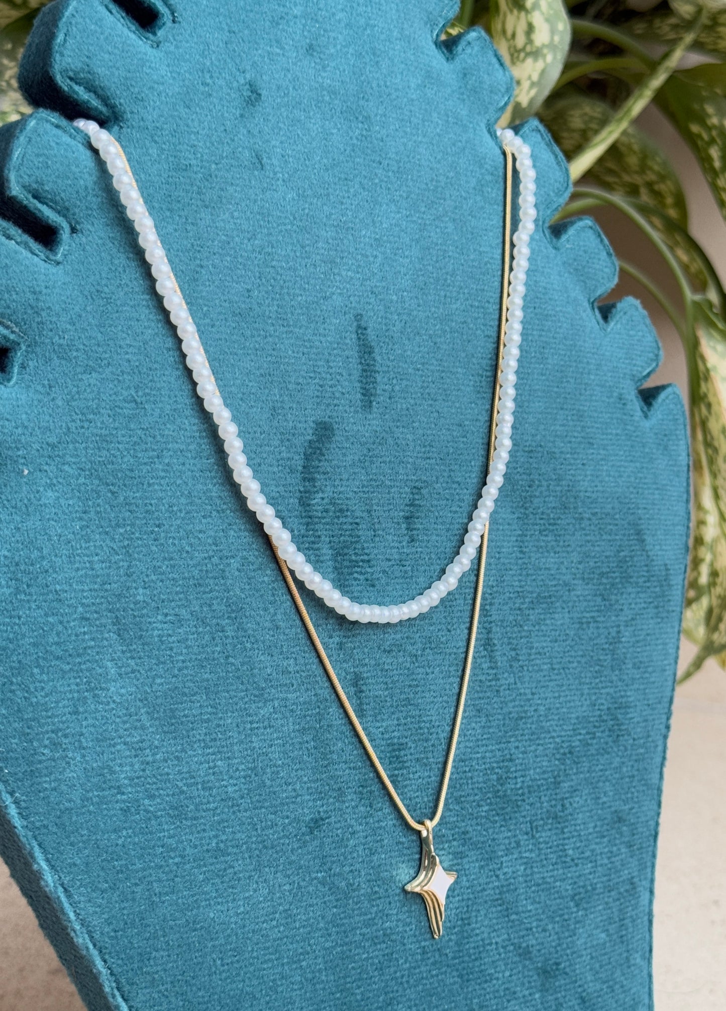 Pearl Two-Layered Chain Statement Classic Necklace with Star Pendant