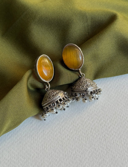 Silver Replica Silk Stone Embedded Jhumkas