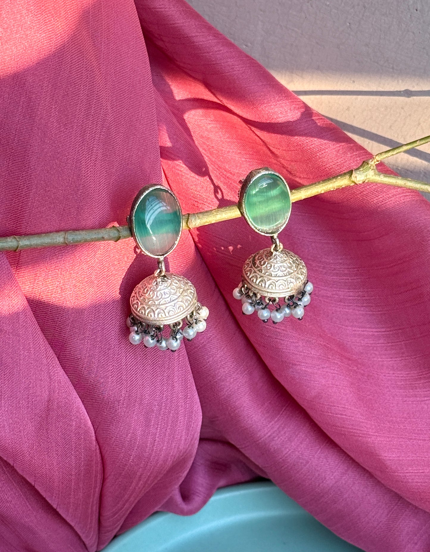 Silver Replica Silk Stone Embedded Jhumkas