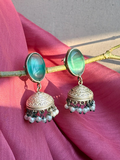 Silver Replica Silk Stone Embedded Jhumkas