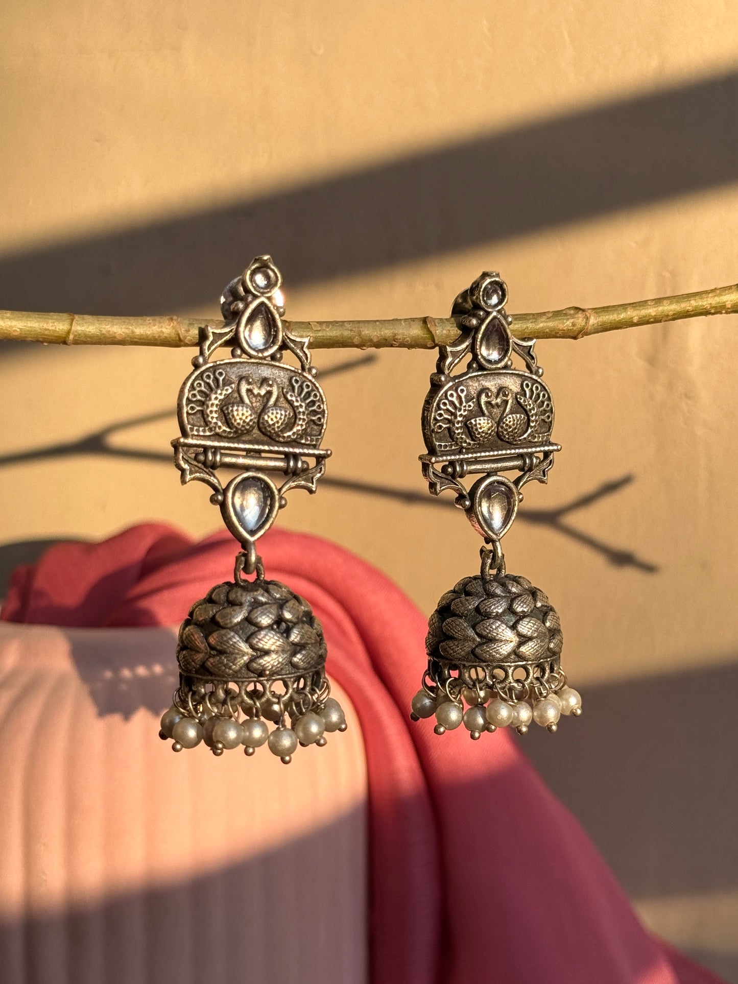 Silver Replica Peacock Engraved Jhumka