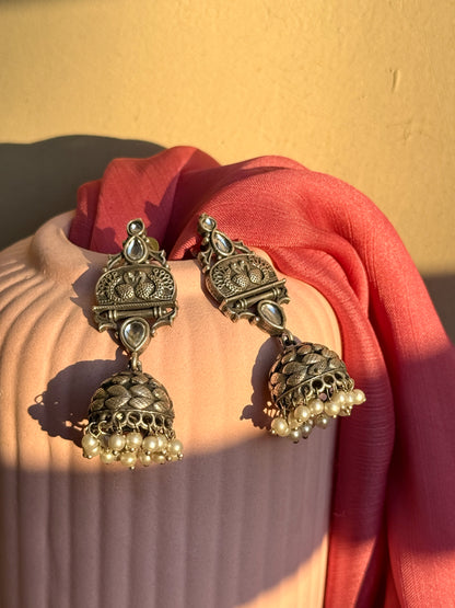 Silver Replica Peacock Engraved Jhumka