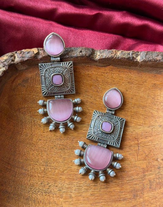 Silver Replica Pink Silk Stone Dangler Earrings