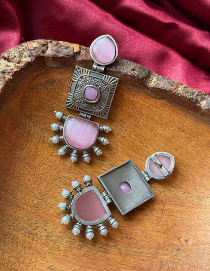 Silver Replica Pink Silk Stone Dangler Earrings