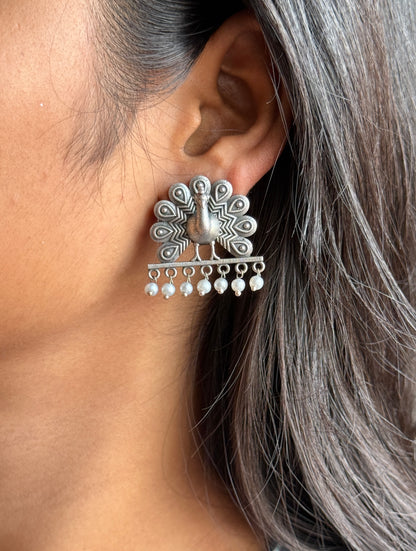Peacock Studs with Dangling Pearls