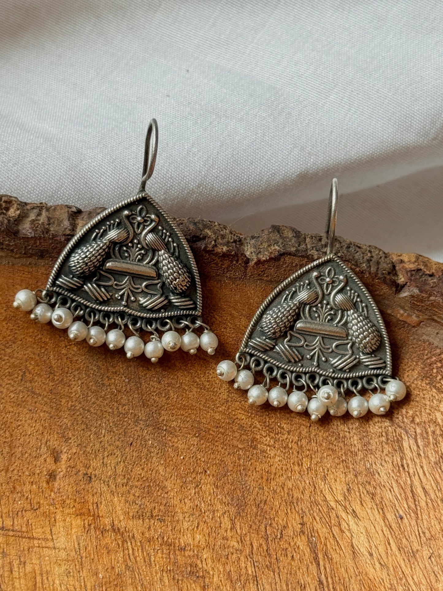 Peacock Engraved German Silver Earrings with Dangling Pearls