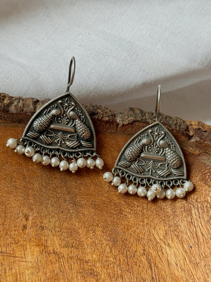 Peacock Engraved German Silver Earrings with Dangling Pearls