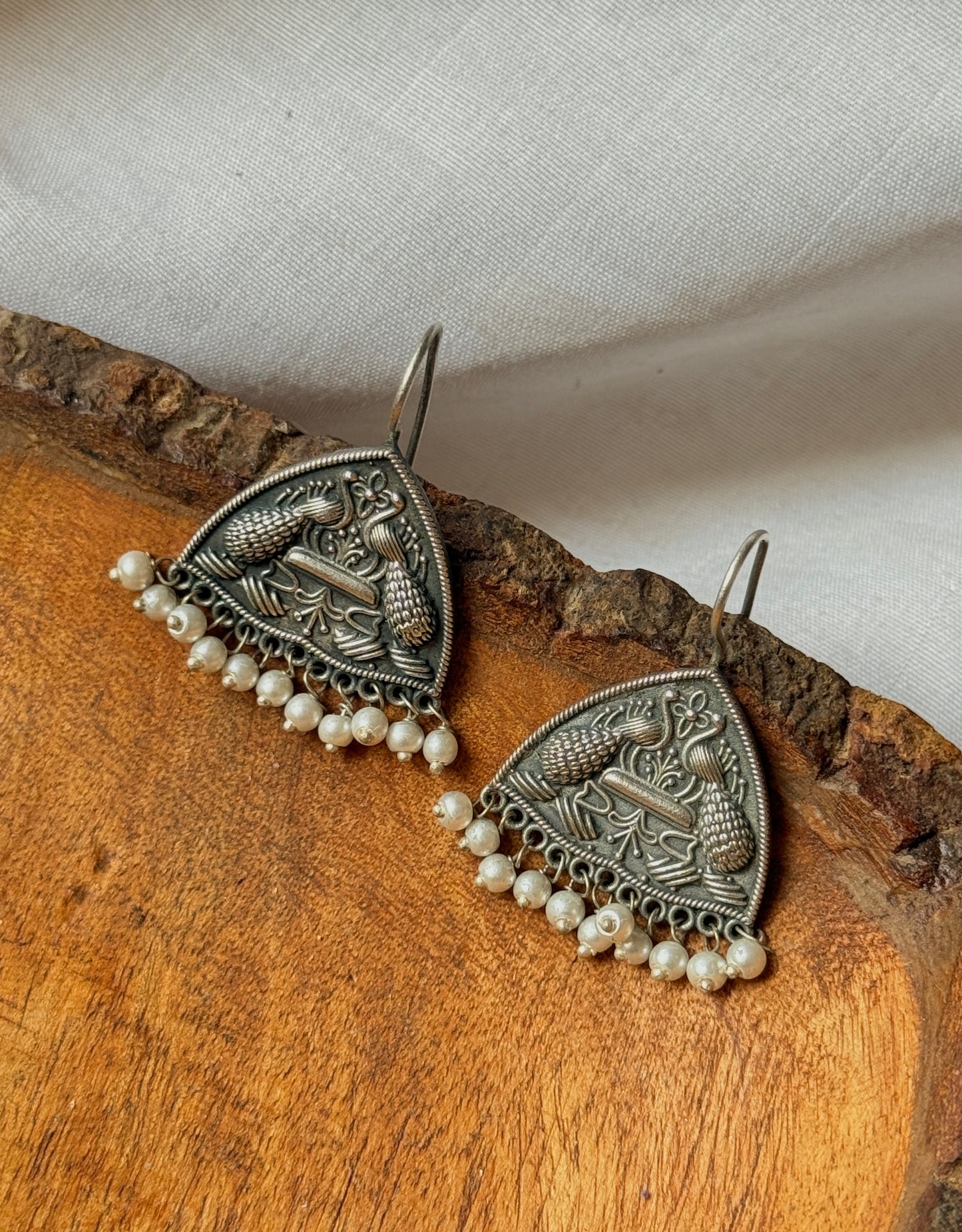 Peacock Engraved German Silver Earrings with Dangling Pearls